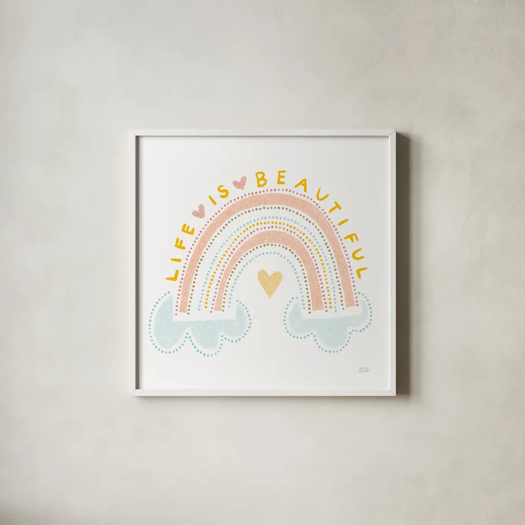 Life is Beautiful by Melissa Averinos. Shown in a crisp white glass frame for a clean and minimalist style. Available as an archival giclee rolled canvas, fine art paper, or poster print. SKU 59988a.