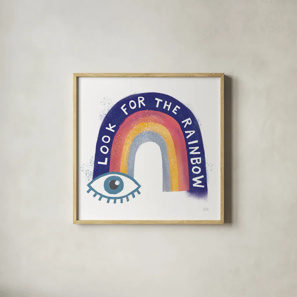 Look For the Rainbow by Melissa Averinos. Shown in a natural wood glass frame for a timeless modern aesthetic. Available as an archival giclee rolled canvas, fine art paper, or poster print. SKU 59978a.