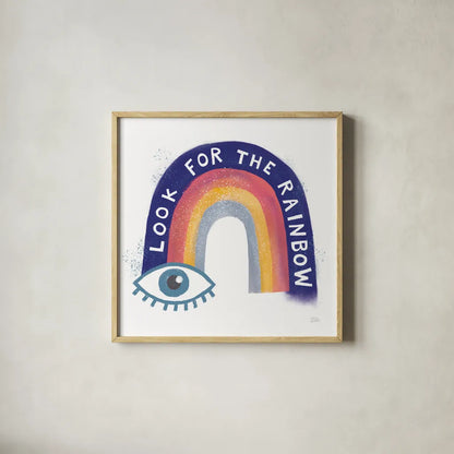 Look For the Rainbow by Melissa Averinos. Shown in a natural wood glass frame for a timeless modern aesthetic. Available as an archival giclee rolled canvas, fine art paper, or poster print. SKU 59978a.