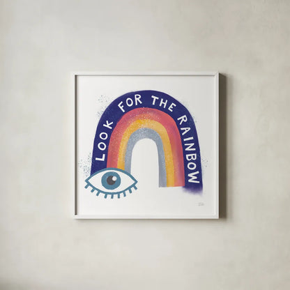Look For the Rainbow by Melissa Averinos. Shown in a crisp white glass frame for a clean and minimalist style. Available as an archival giclee rolled canvas, fine art paper, or poster print. SKU 59978a.