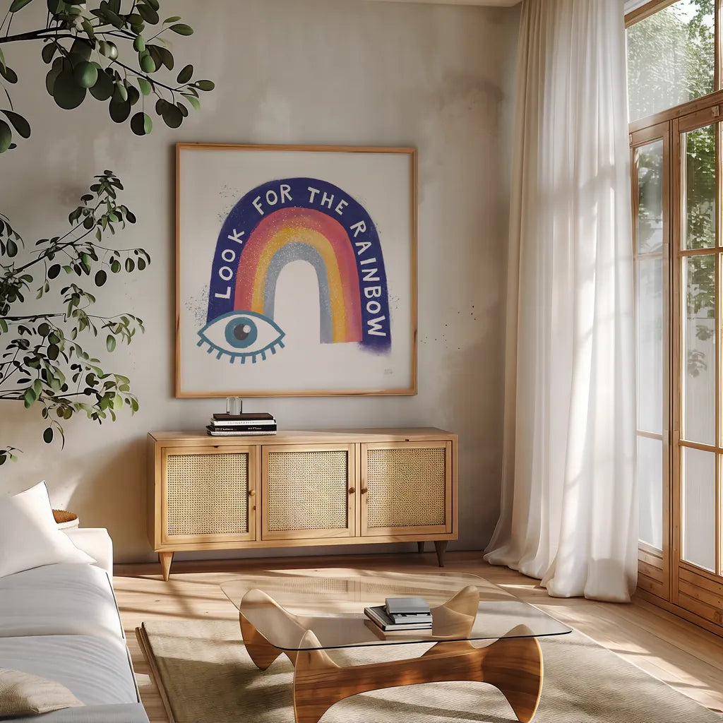 Look For the Rainbow by Melissa Averinos. Shown in a natural wood frame in a cozy modern living room. Available as an archival giclee rolled canvas, fine art paper, or poster print. SKU 59978a.