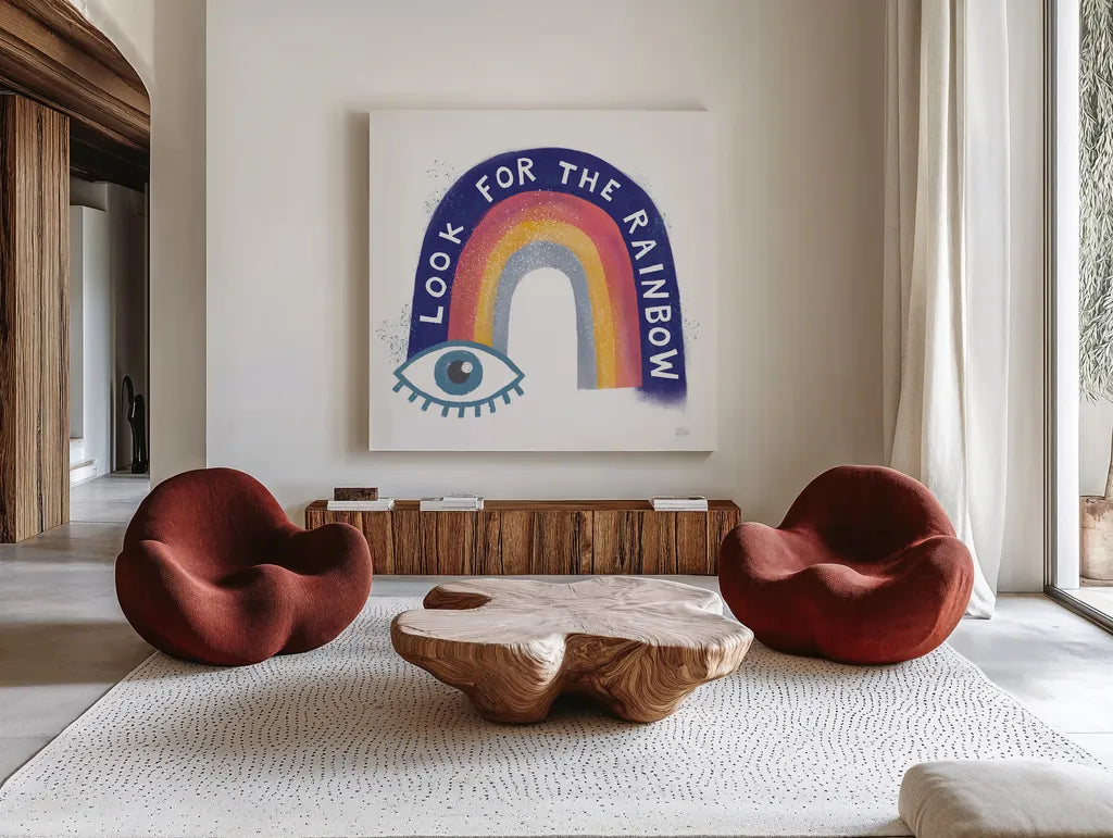 Look For the Rainbow by Melissa Averinos. Shown as extra-large giant wall art in a modern living room. Available as an archival giclee rolled canvas, fine art paper, or poster print. SKU 59978a.