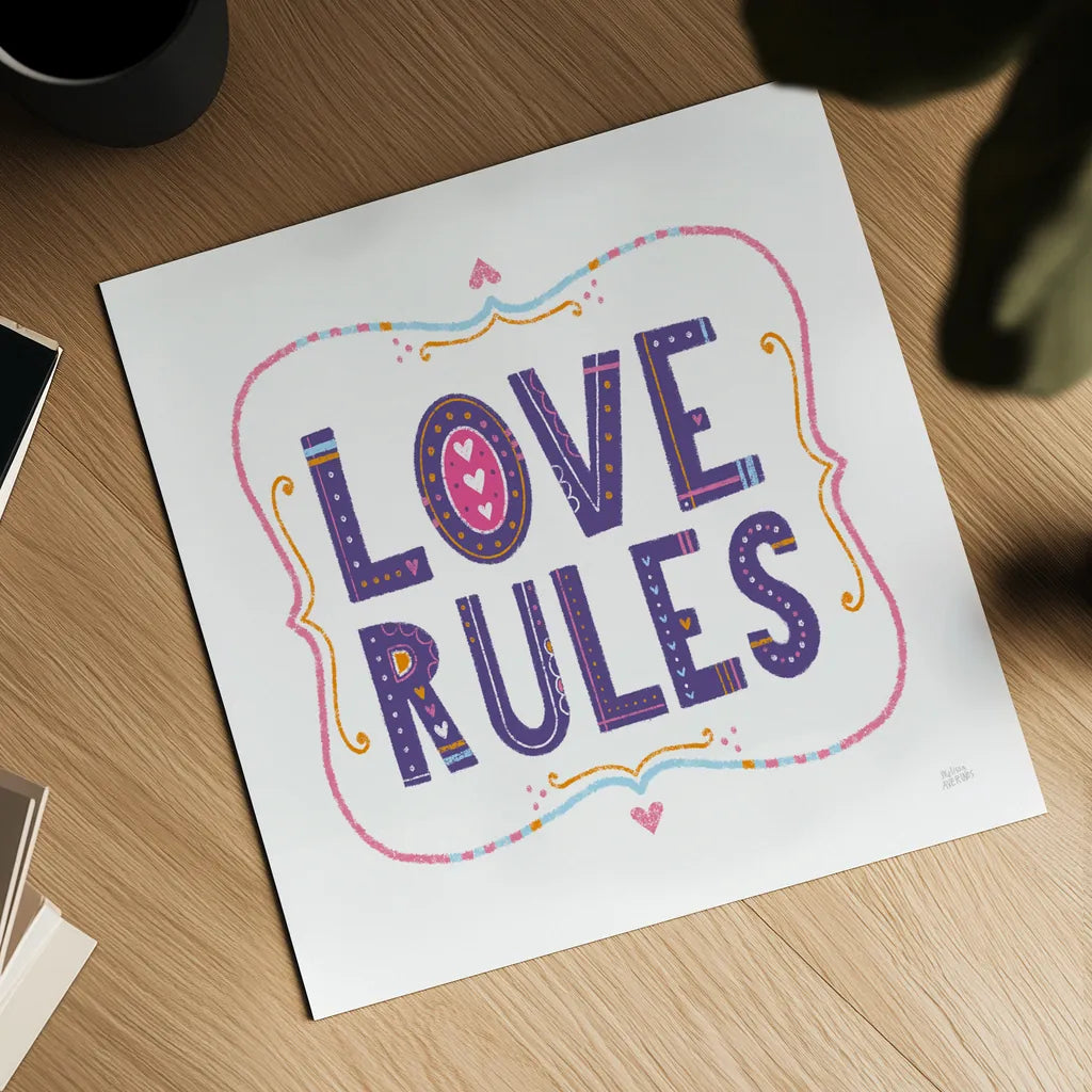 Love Rules by Melissa Averinos. Shown as a detailed flat fine art print, highlighting archival giclee quality. Available as an archival giclee rolled canvas, fine art paper, or poster print. SKU 59982a.
