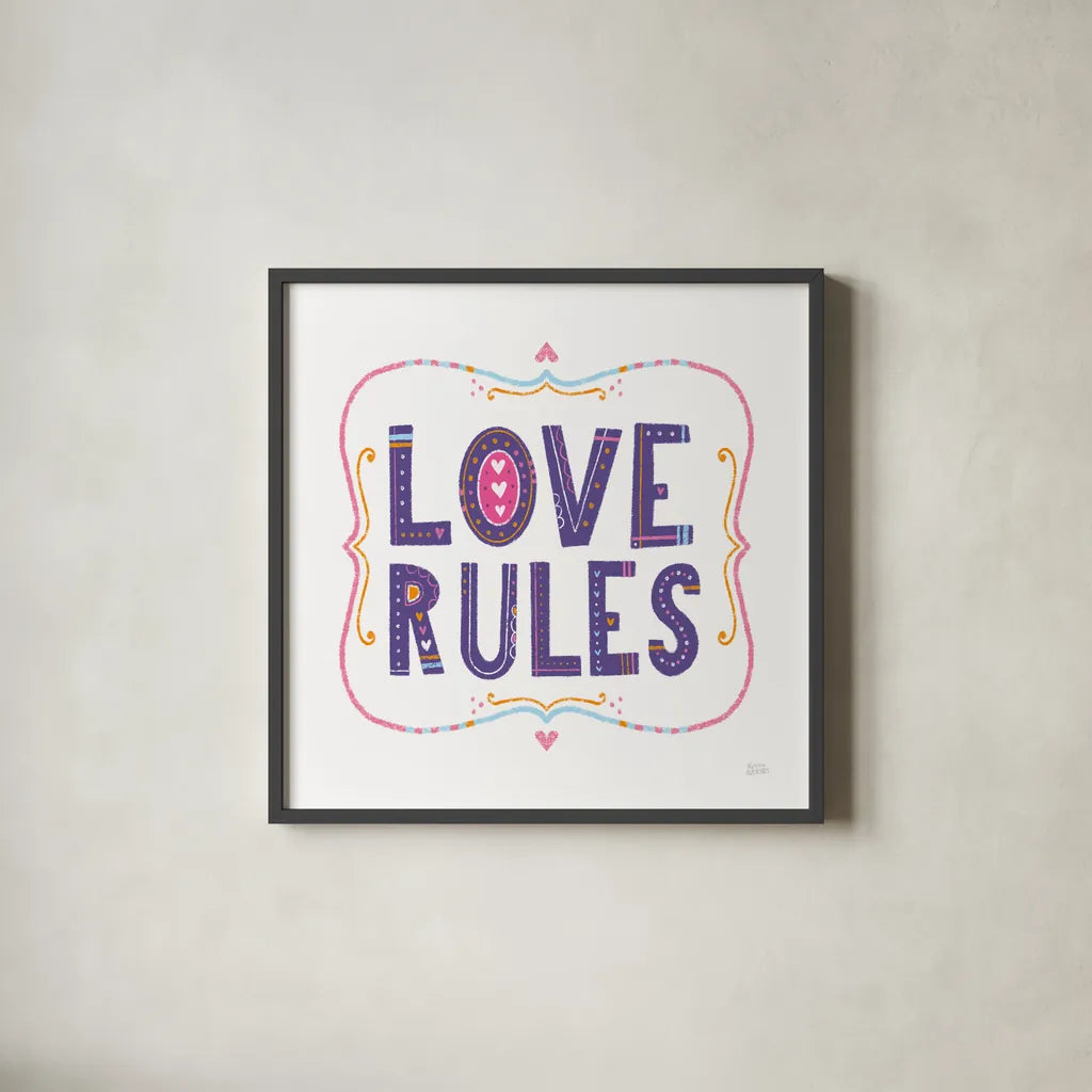 Love Rules by Melissa Averinos. Shown in a sleek black glass frame for a contemporary gallery look. Available as an archival giclee rolled canvas, fine art paper, or poster print. SKU 59982a.