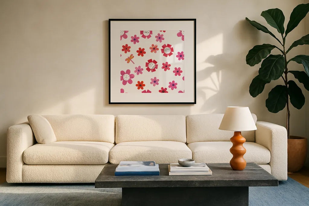Love Words Pattern VI by Melissa Averinos. Displayed in a glass frame with matte in a clean modern living room. Available as an archival giclee rolled canvas, fine art paper, or poster print. SKU 39745a.