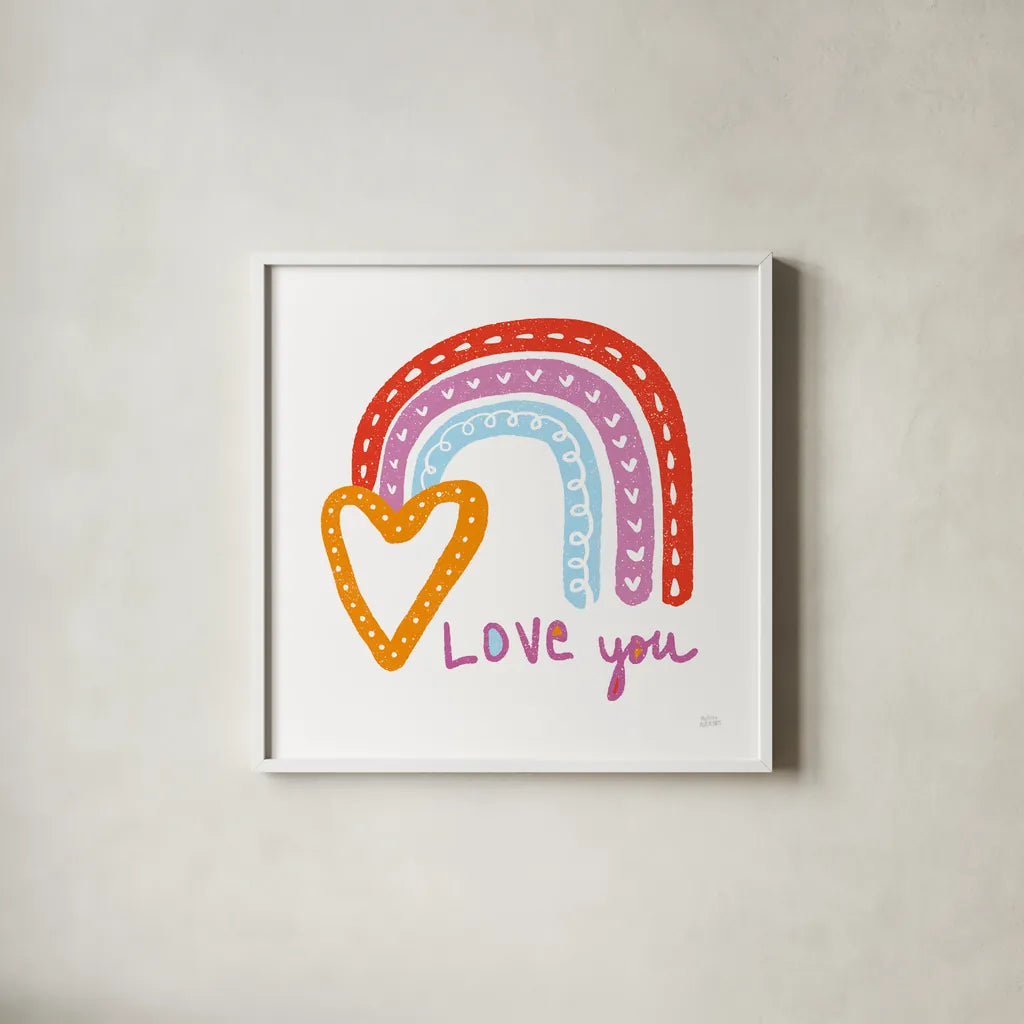 Love You Rainbow by Melissa Averinos. Shown in a crisp white glass frame for a clean and minimalist style. Available as an archival giclee rolled canvas, fine art paper, or poster print. SKU 59979a.