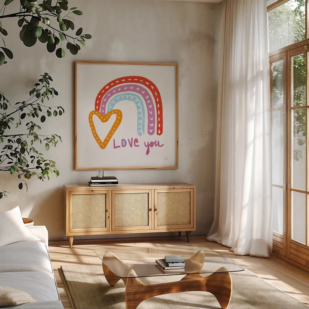 Love You Rainbow by Melissa Averinos. Shown in a natural wood frame in a cozy modern living room. Available as an archival giclee rolled canvas, fine art paper, or poster print. SKU 59979a.