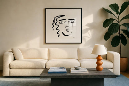 Making Faces V Crop by Melissa Averinos. Displayed in a glass frame with matte in a clean modern living room. Available as an archival giclee rolled canvas, fine art paper, or poster print. SKU 54523a.
