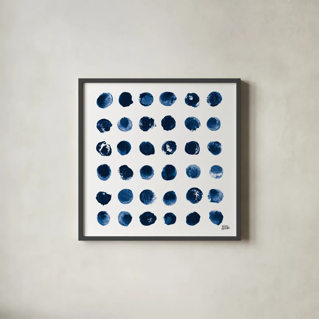 Markmaking Blue Sq I by Melissa Averinos. Shown in a sleek black glass frame for a contemporary gallery look. Available as an archival giclee rolled canvas, fine art paper, or poster print. SKU 67901a.