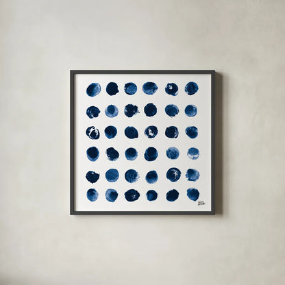 Markmaking Blue Sq I by Melissa Averinos. Shown in a sleek black glass frame for a contemporary gallery look. Available as an archival giclee rolled canvas, fine art paper, or poster print. SKU 67901a.
