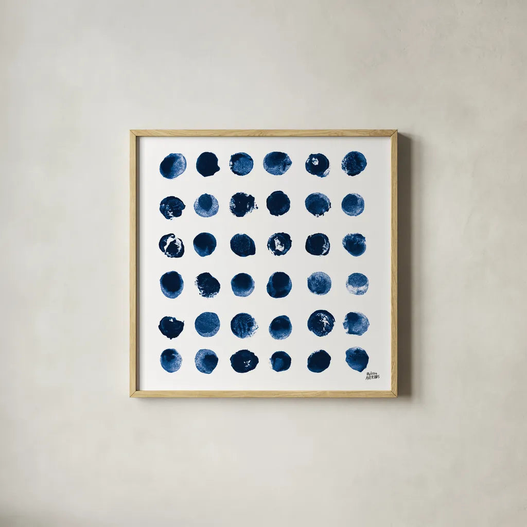 Markmaking Blue Sq I by Melissa Averinos. Shown in a natural wood glass frame for a timeless modern aesthetic. Available as an archival giclee rolled canvas, fine art paper, or poster print. SKU 67901a.