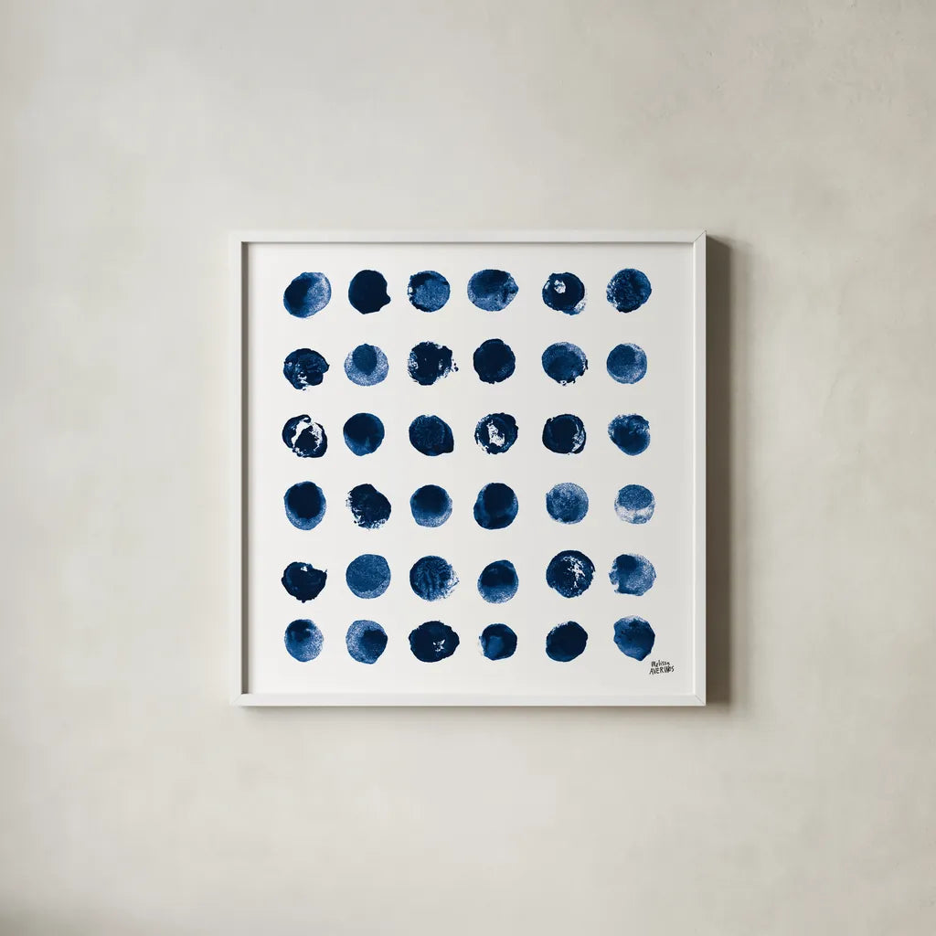 Markmaking Blue Sq I by Melissa Averinos. Shown in a crisp white glass frame for a clean and minimalist style. Available as an archival giclee rolled canvas, fine art paper, or poster print. SKU 67901a.