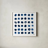 Markmaking Blue Sq I by Melissa Averinos. Shown in a crisp white glass frame for a clean and minimalist style. Available as an archival giclee rolled canvas, fine art paper, or poster print. SKU 67901a.