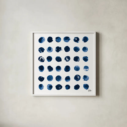 Markmaking Blue Sq I by Melissa Averinos. Shown in a crisp white glass frame for a clean and minimalist style. Available as an archival giclee rolled canvas, fine art paper, or poster print. SKU 67901a.