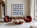 Markmaking Blue Sq I by Melissa Averinos. Shown as extra-large giant wall art in a modern living room. Available as an archival giclee rolled canvas, fine art paper, or poster print. SKU 67901a.