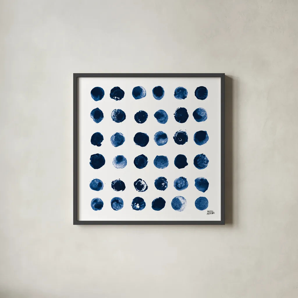 Markmaking Blue Sq II by Melissa Averinos. Shown in a sleek black glass frame for a contemporary gallery look. Available as an archival giclee rolled canvas, fine art paper, or poster print. SKU 67902a.