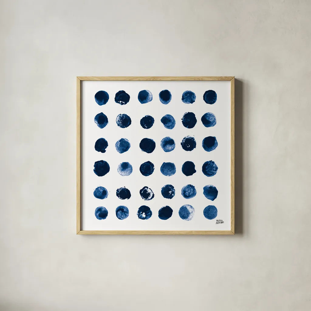 Markmaking Blue Sq II by Melissa Averinos. Shown in a natural wood glass frame for a timeless modern aesthetic. Available as an archival giclee rolled canvas, fine art paper, or poster print. SKU 67902a.
