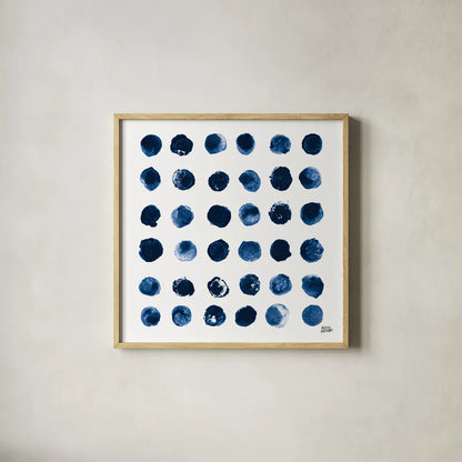 Markmaking Blue Sq II by Melissa Averinos. Shown in a natural wood glass frame for a timeless modern aesthetic. Available as an archival giclee rolled canvas, fine art paper, or poster print. SKU 67902a.