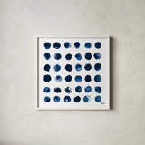 Markmaking Blue Sq II by Melissa Averinos. Shown in a crisp white glass frame for a clean and minimalist style. Available as an archival giclee rolled canvas, fine art paper, or poster print. SKU 67902a.