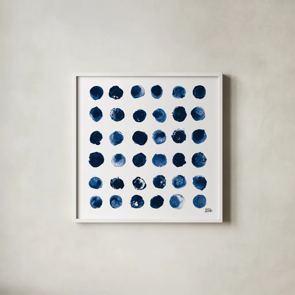 Markmaking Blue Sq II by Melissa Averinos. Shown in a crisp white glass frame for a clean and minimalist style. Available as an archival giclee rolled canvas, fine art paper, or poster print. SKU 67902a.