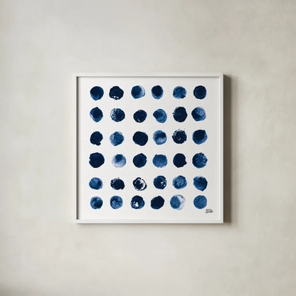 Markmaking Blue Sq II by Melissa Averinos. Shown in a crisp white glass frame for a clean and minimalist style. Available as an archival giclee rolled canvas, fine art paper, or poster print. SKU 67902a.