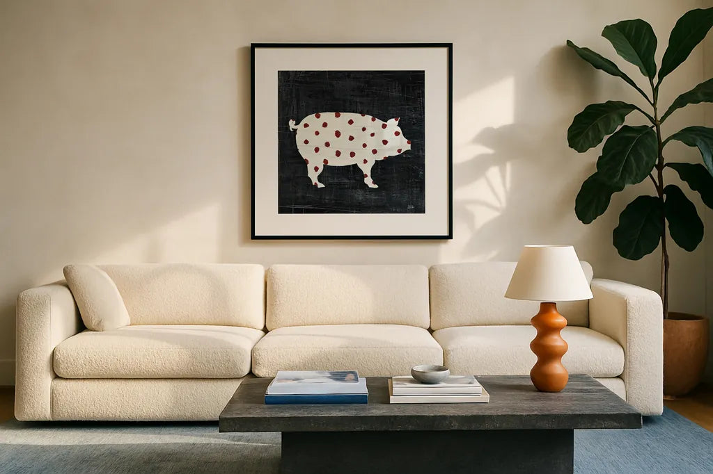 Modern Americana Farm I by Melissa Averinos. Displayed in a glass frame with matte in a clean modern living room. Available as an archival giclee rolled canvas, fine art paper, or poster print. SKU 25103a.