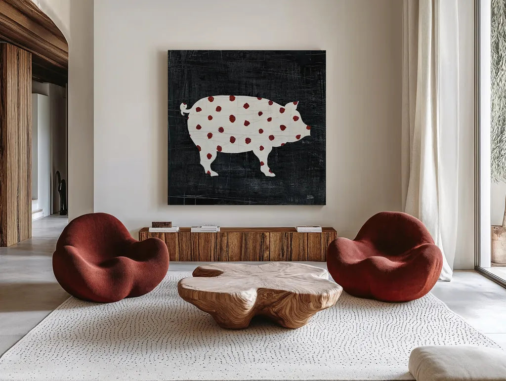 Modern Americana Farm I by Melissa Averinos. Shown as extra-large giant wall art in a modern living room. Available as an archival giclee rolled canvas, fine art paper, or poster print. SKU 25103a.