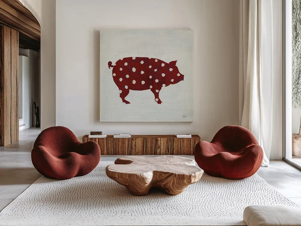 Modern Americana Farm I on White by Melissa Averinos. Shown as extra-large giant wall art in a modern living room. Available as an archival giclee rolled canvas, fine art paper, or poster print. SKU 25270a.