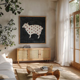 Modern Americana Farm II by Melissa Averinos. Shown in a natural wood frame in a cozy modern living room. Available as an archival giclee rolled canvas, fine art paper, or poster print. SKU 25104a.