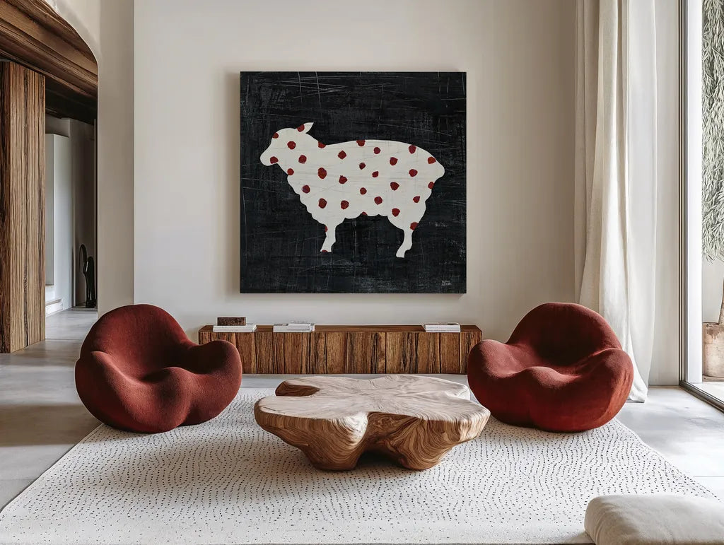 Modern Americana Farm II by Melissa Averinos. Shown as extra-large giant wall art in a modern living room. Available as an archival giclee rolled canvas, fine art paper, or poster print. SKU 25104a.