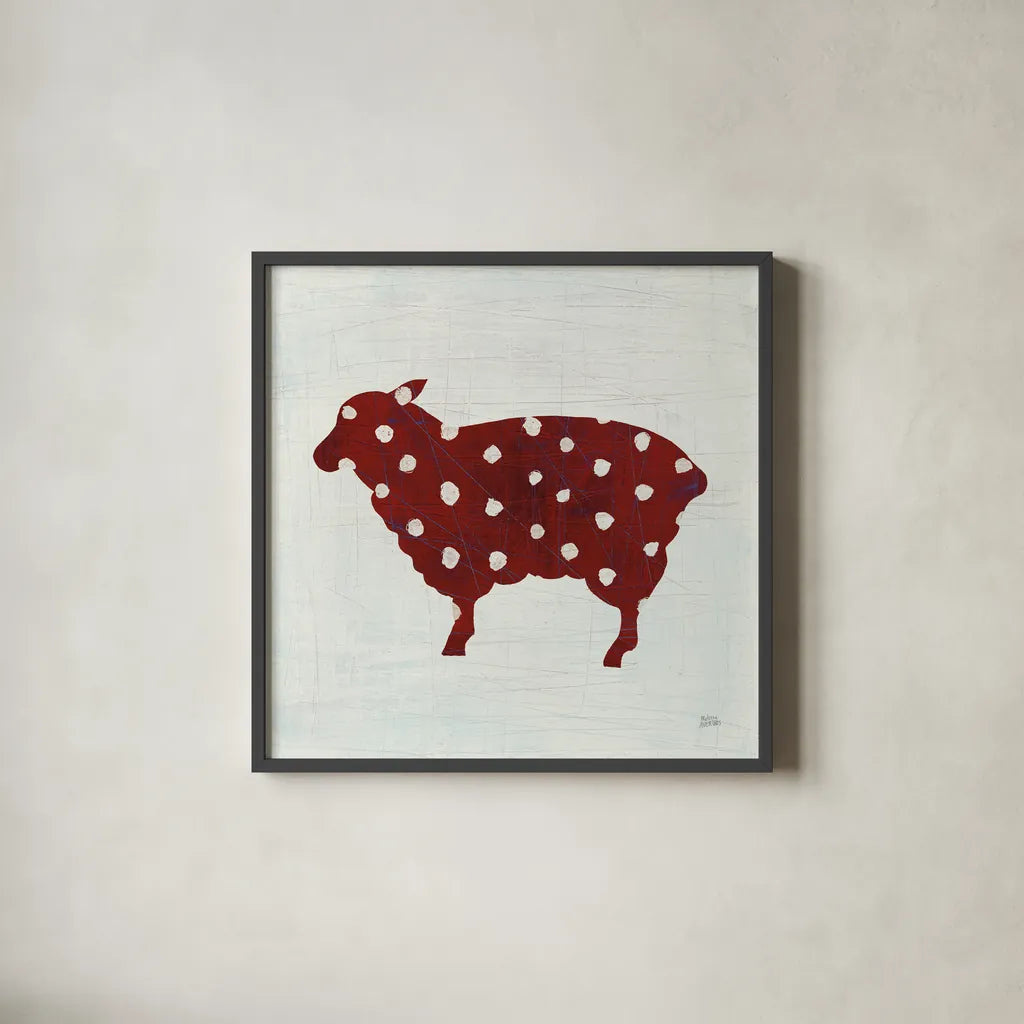 Modern Americana Farm II on White by Melissa Averinos. Shown in a sleek black glass frame for a contemporary gallery look. Available as an archival giclee rolled canvas, fine art paper, or poster print. SKU 25271a.