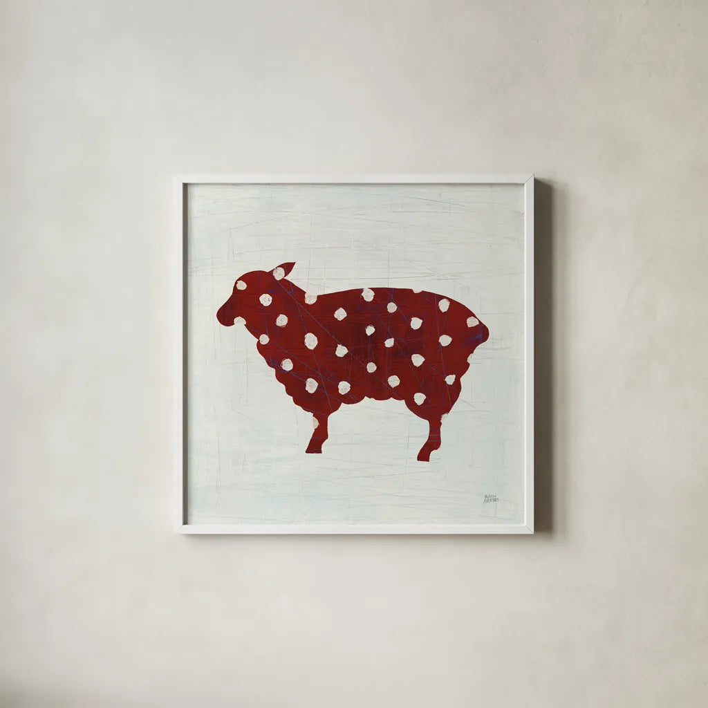 Modern Americana Farm II on White by Melissa Averinos. Shown in a crisp white glass frame for a clean and minimalist style. Available as an archival giclee rolled canvas, fine art paper, or poster print. SKU 25271a.