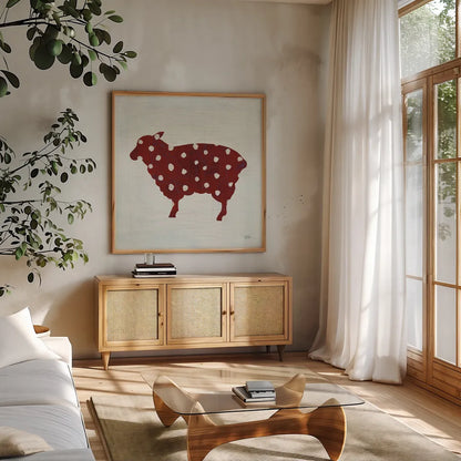 Modern Americana Farm II on White by Melissa Averinos. Shown in a natural wood frame in a cozy modern living room. Available as an archival giclee rolled canvas, fine art paper, or poster print. SKU 25271a.