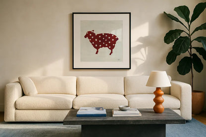 Modern Americana Farm II on White by Melissa Averinos. Displayed in a glass frame with matte in a clean modern living room. Available as an archival giclee rolled canvas, fine art paper, or poster print. SKU 25271a.