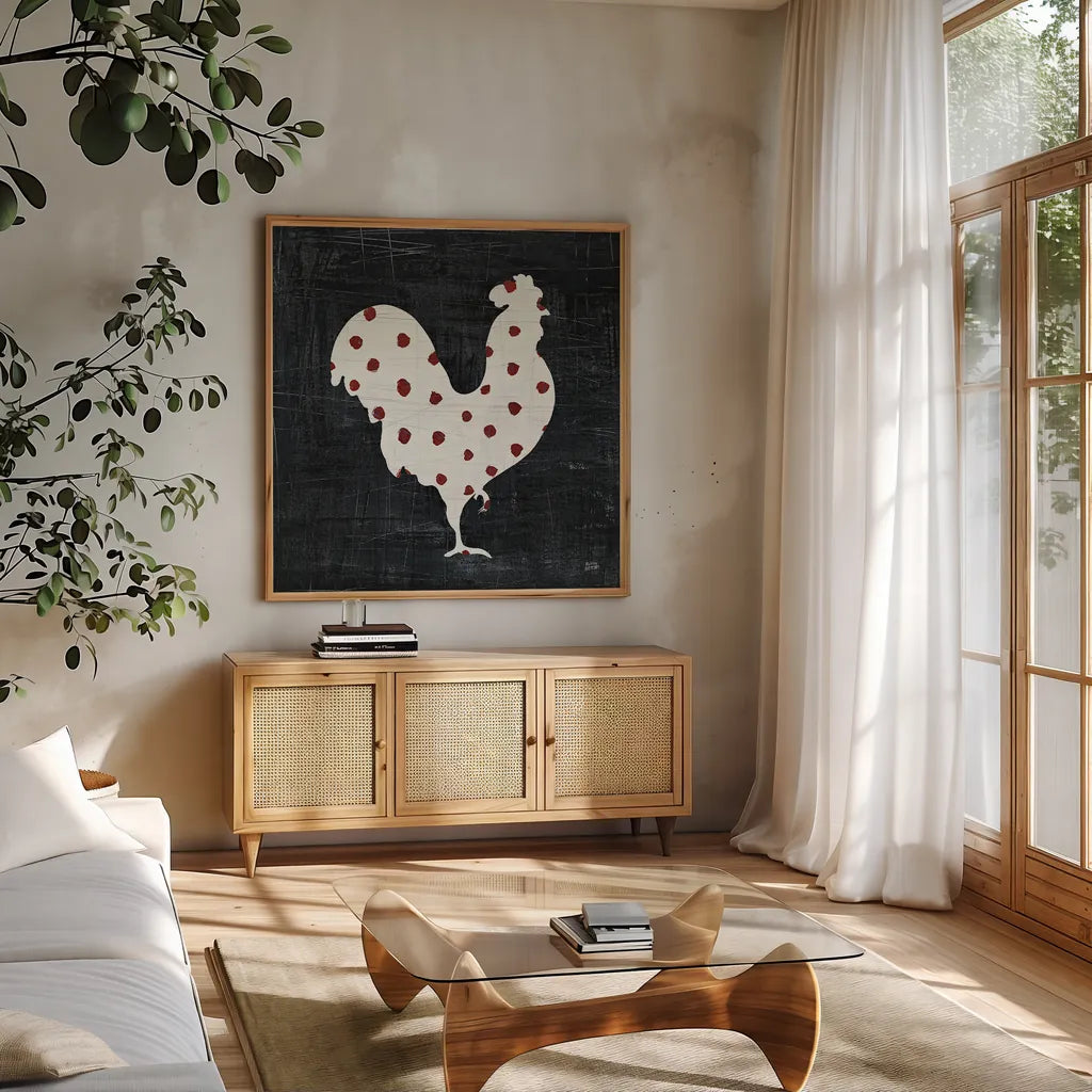 Modern Americana Farm III by Melissa Averinos. Shown in a natural wood frame in a cozy modern living room. Available as an archival giclee rolled canvas, fine art paper, or poster print. SKU 25105a.