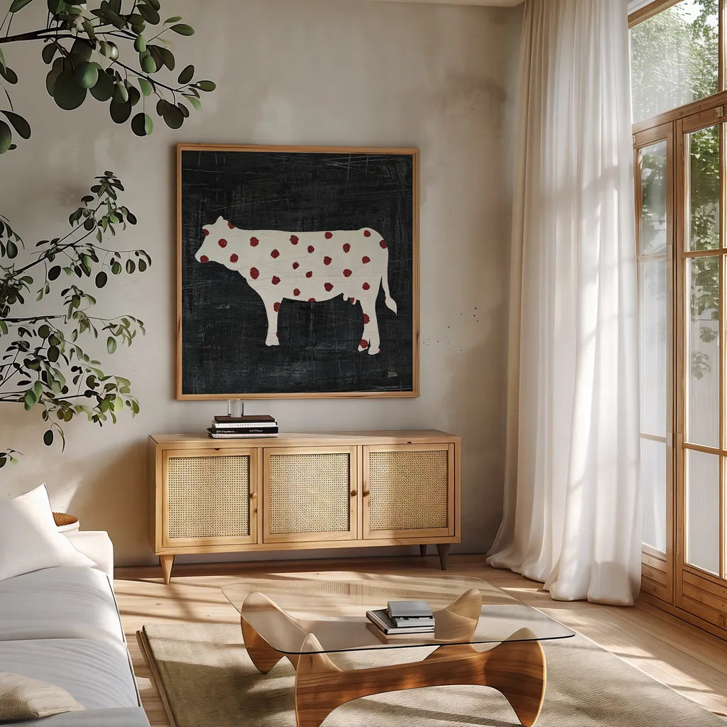 Modern Americana Farm IV by Melissa Averinos. Shown in a natural wood frame in a cozy modern living room. Available as an archival giclee rolled canvas, fine art paper, or poster print. SKU 25106a.