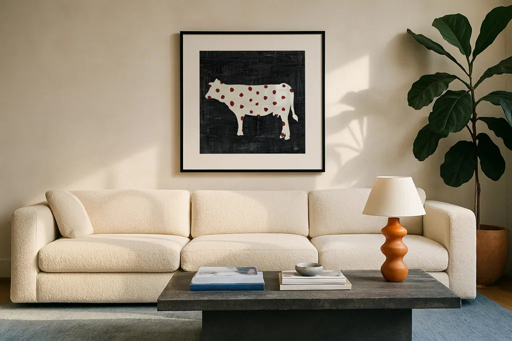 Modern Americana Farm IV by Melissa Averinos. Displayed in a glass frame with matte in a clean modern living room. Available as an archival giclee rolled canvas, fine art paper, or poster print. SKU 25106a.