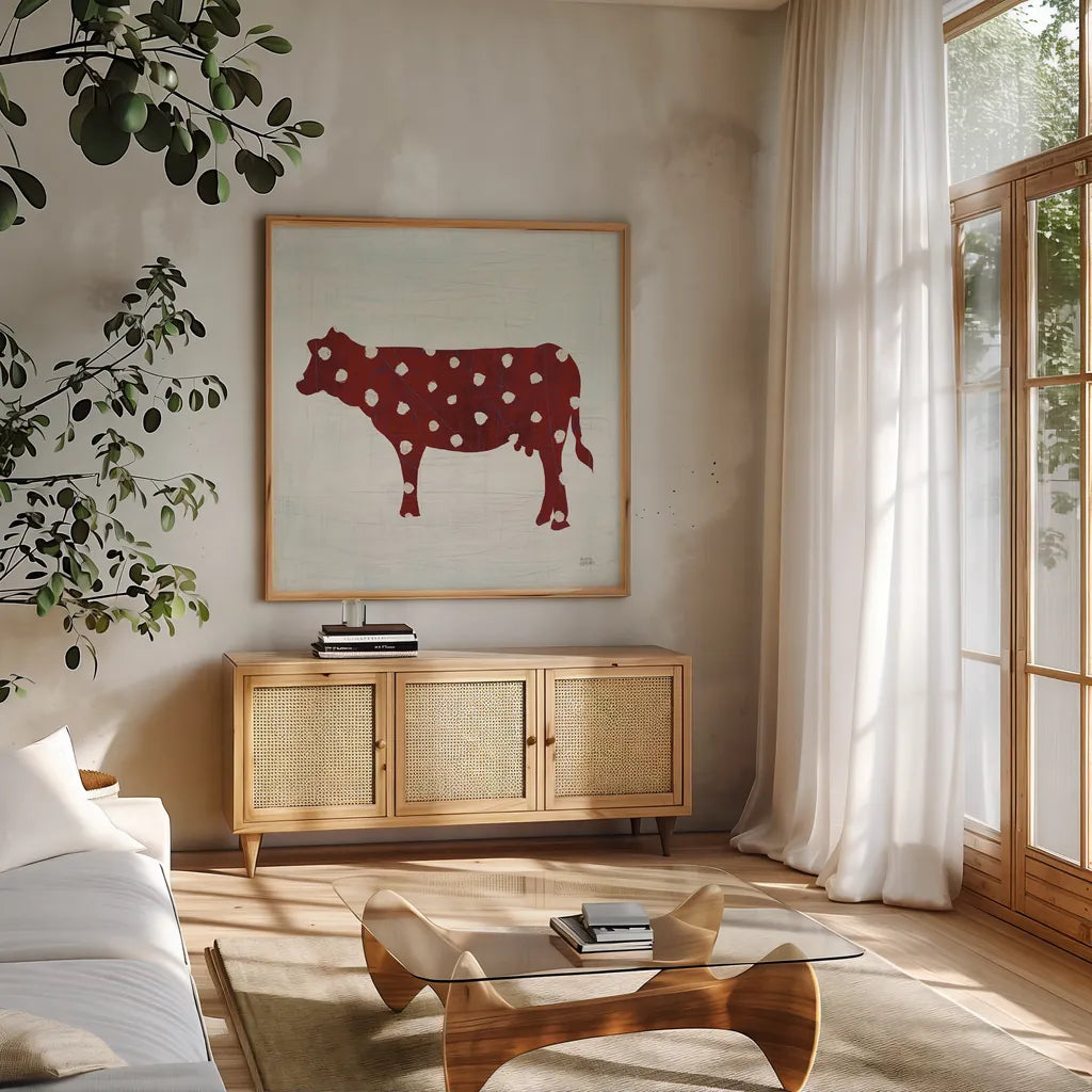 Modern Americana Farm IV on White by Melissa Averinos. Shown in a natural wood frame in a cozy modern living room. Available as an archival giclee rolled canvas, fine art paper, or poster print. SKU 25273a.