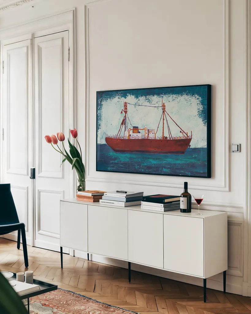 Nantucket Lightship Navy no Words by Melissa Averinos. shown as a framed stretched canvas in a living room above a console. Available as a archival giclee rolled canvas, fine art paper, or poster print. SKU 30328i.