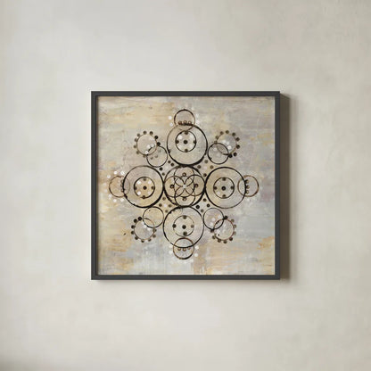Neutral Mandala I Crop by Melissa Averinos. Shown in a sleek black glass frame for a contemporary gallery look. Available as an archival giclee rolled canvas, fine art paper, or poster print. SKU 64582a.