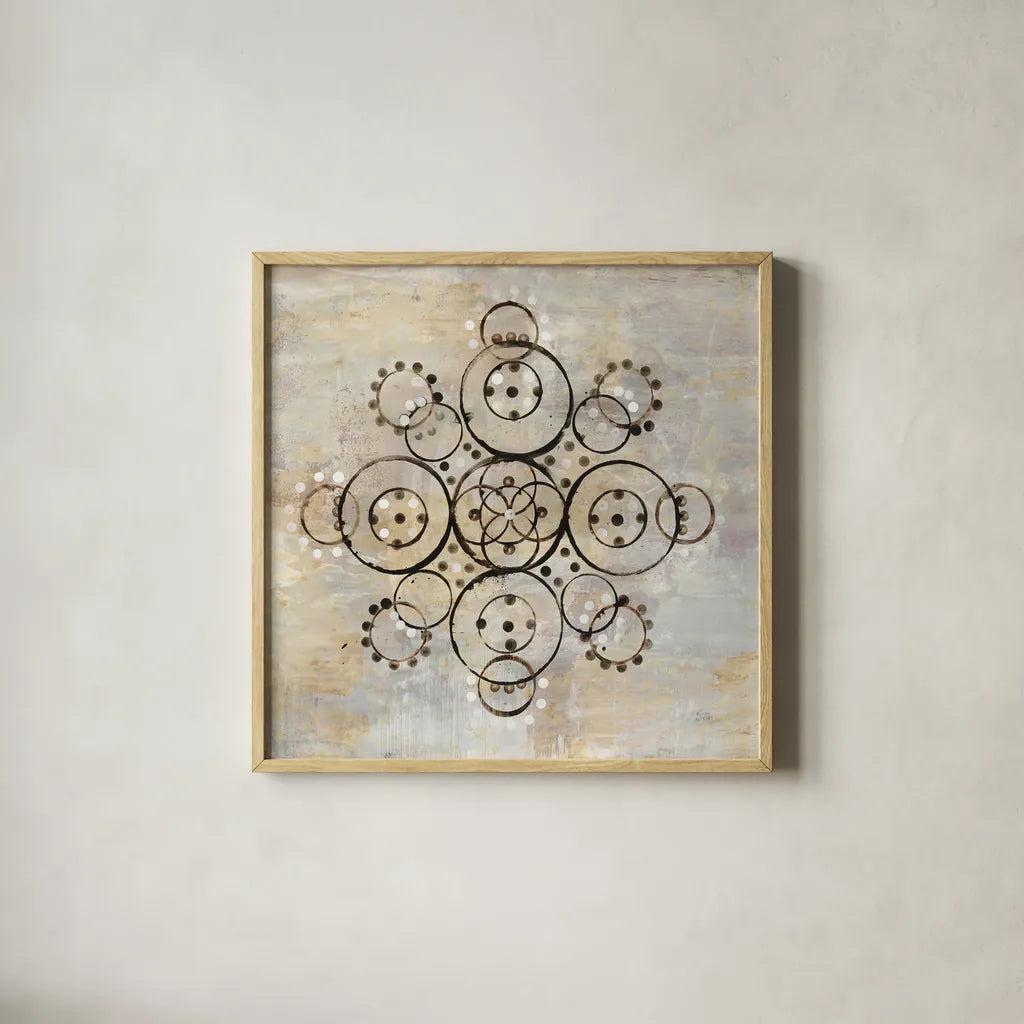Neutral Mandala I Crop by Melissa Averinos. Shown in a natural wood glass frame for a timeless modern aesthetic. Available as an archival giclee rolled canvas, fine art paper, or poster print. SKU 64582a.