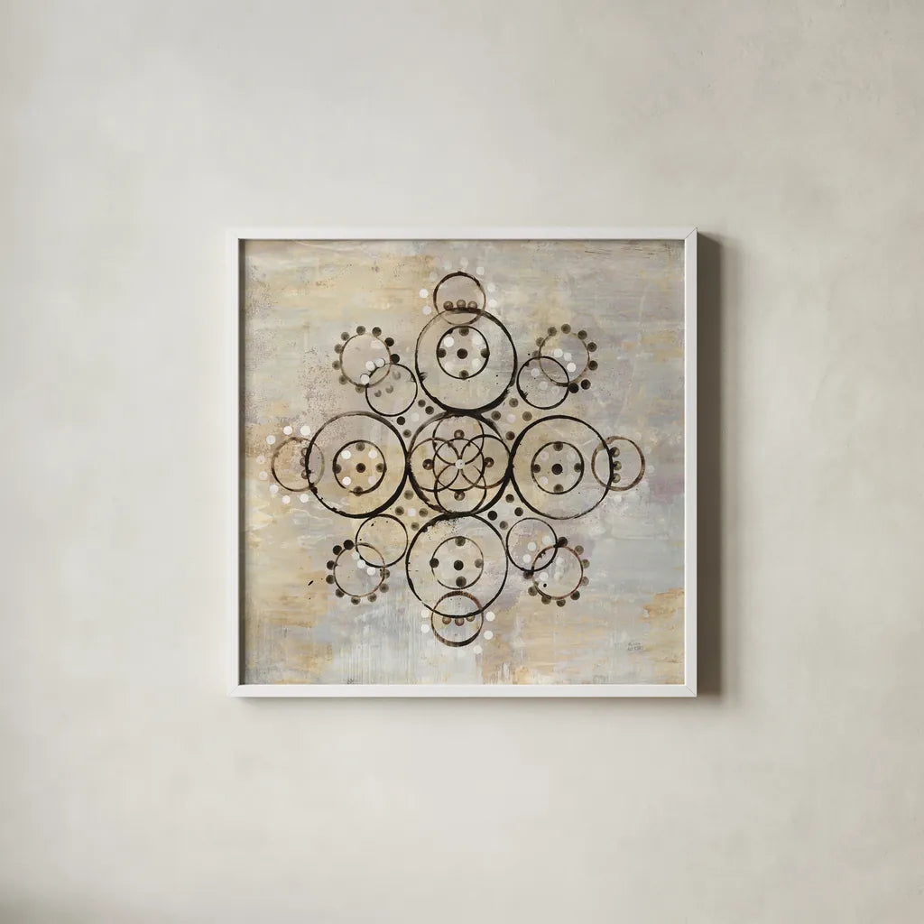 Neutral Mandala I Crop by Melissa Averinos. Shown in a crisp white glass frame for a clean and minimalist style. Available as an archival giclee rolled canvas, fine art paper, or poster print. SKU 64582a.