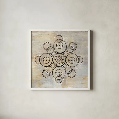 Neutral Mandala I Crop by Melissa Averinos. Shown in a crisp white glass frame for a clean and minimalist style. Available as an archival giclee rolled canvas, fine art paper, or poster print. SKU 64582a.