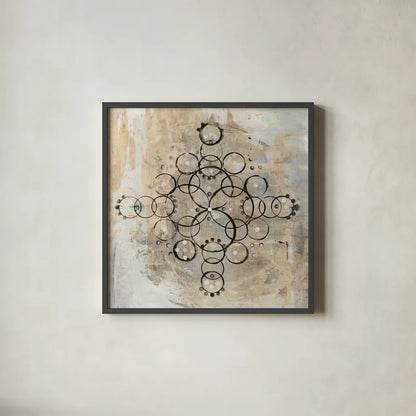 Neutral Mandala II Crop by Melissa Averinos. Shown in a sleek black glass frame for a contemporary gallery look. Available as an archival giclee rolled canvas, fine art paper, or poster print. SKU 64583a.