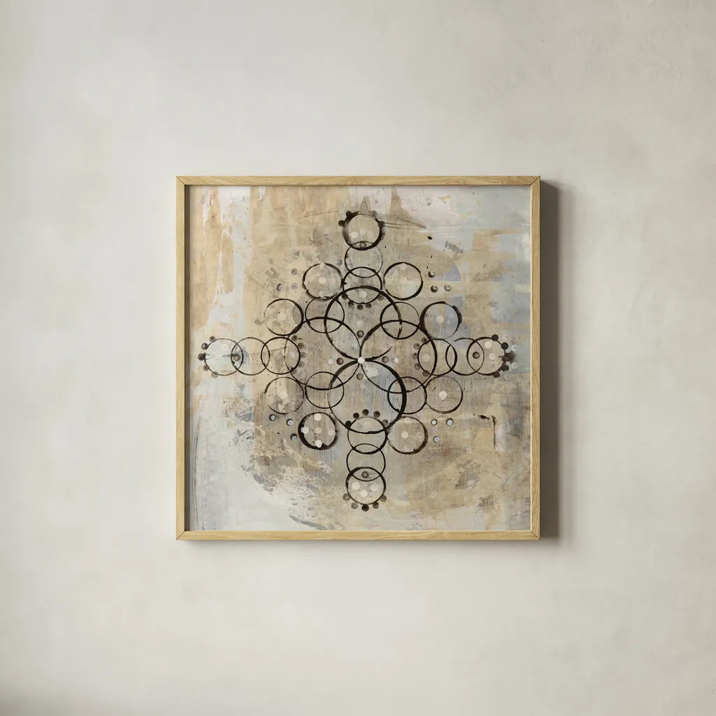 Neutral Mandala II Crop by Melissa Averinos. Shown in a natural wood glass frame for a timeless modern aesthetic. Available as an archival giclee rolled canvas, fine art paper, or poster print. SKU 64583a.