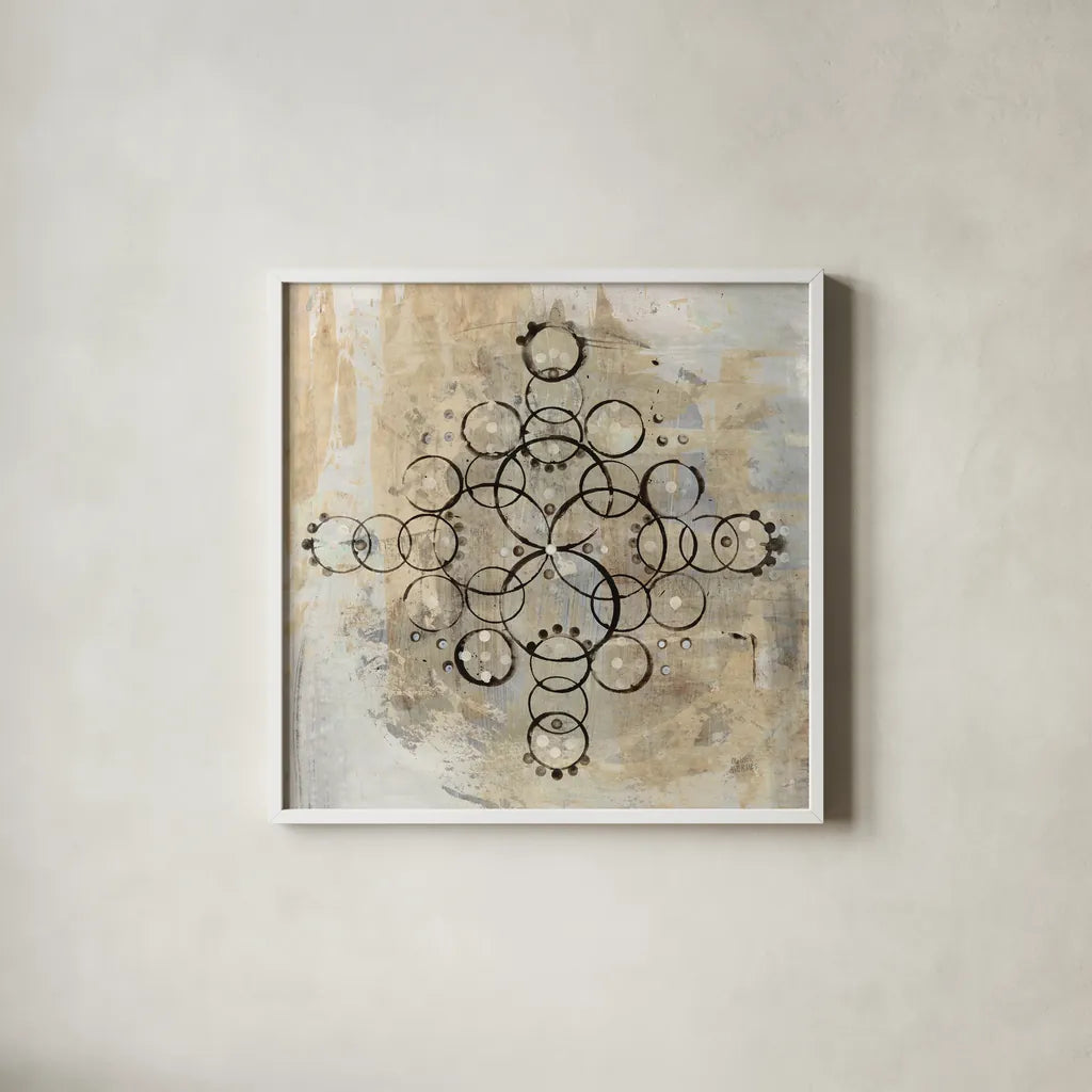 Neutral Mandala II Crop by Melissa Averinos. Shown in a crisp white glass frame for a clean and minimalist style. Available as an archival giclee rolled canvas, fine art paper, or poster print. SKU 64583a.