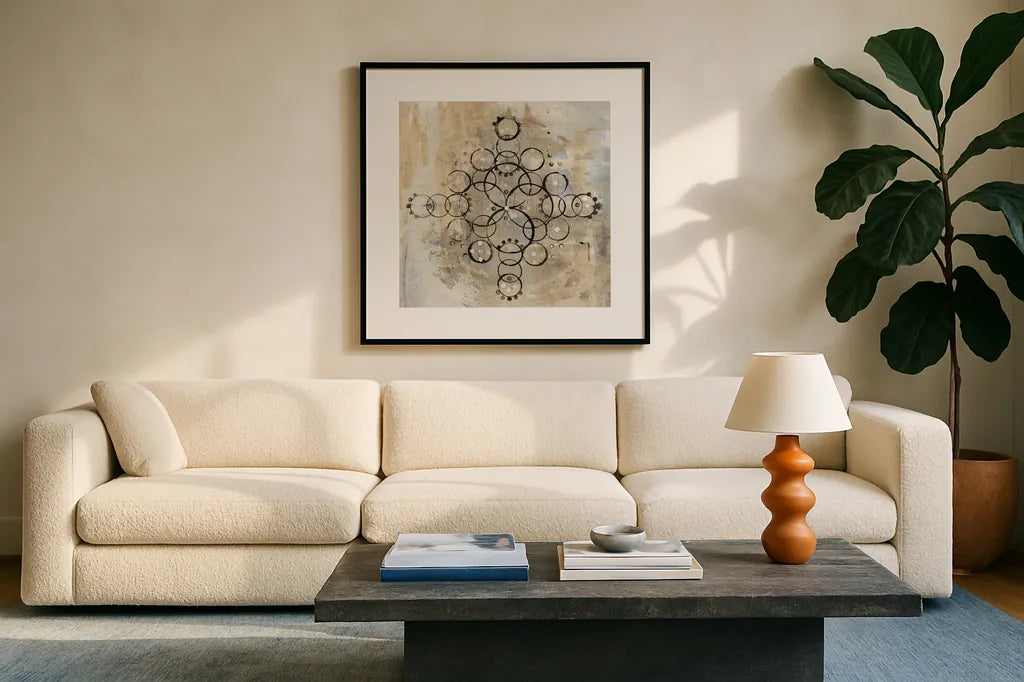 Neutral Mandala II Crop by Melissa Averinos. Displayed in a glass frame with matte in a clean modern living room. Available as an archival giclee rolled canvas, fine art paper, or poster print. SKU 64583a.