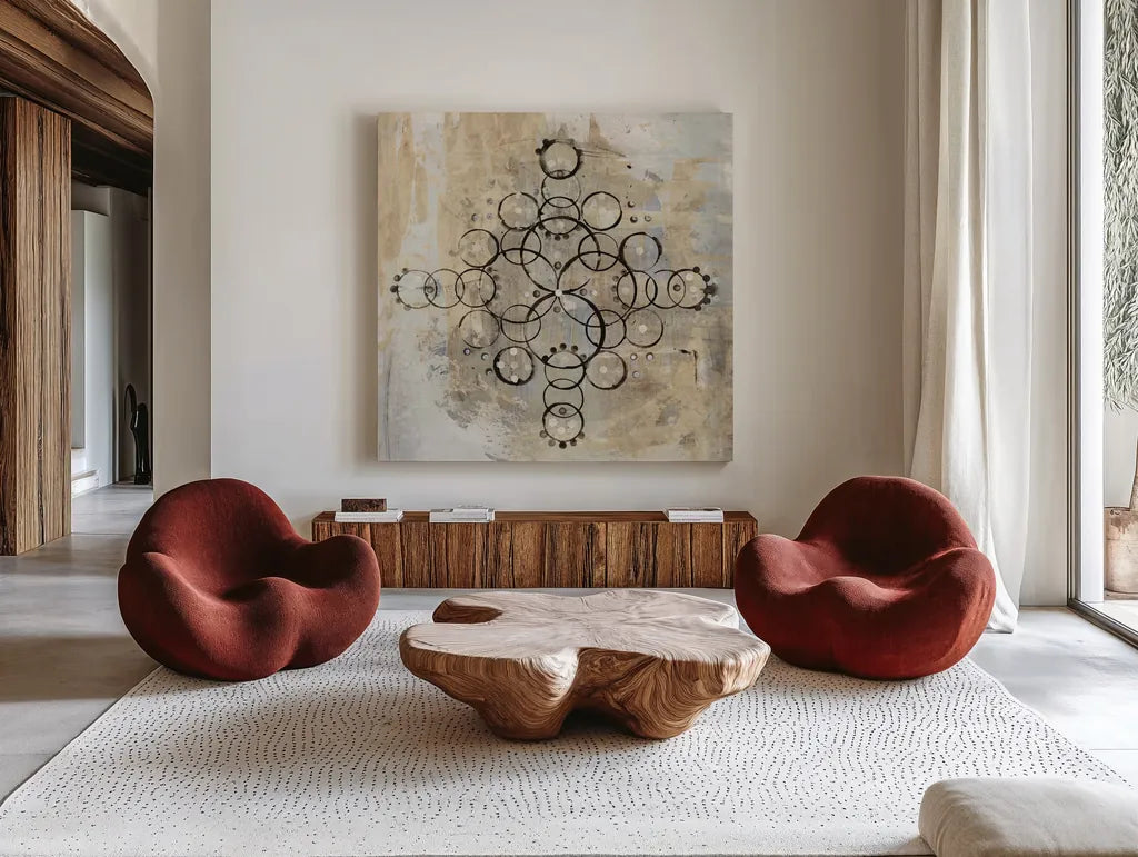 Neutral Mandala II Crop by Melissa Averinos. Shown as extra-large giant wall art in a modern living room. Available as an archival giclee rolled canvas, fine art paper, or poster print. SKU 64583a.