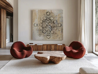 Neutral Mandala II Crop by Melissa Averinos. Shown as extra-large giant wall art in a modern living room. Available as an archival giclee rolled canvas, fine art paper, or poster print. SKU 64583a.