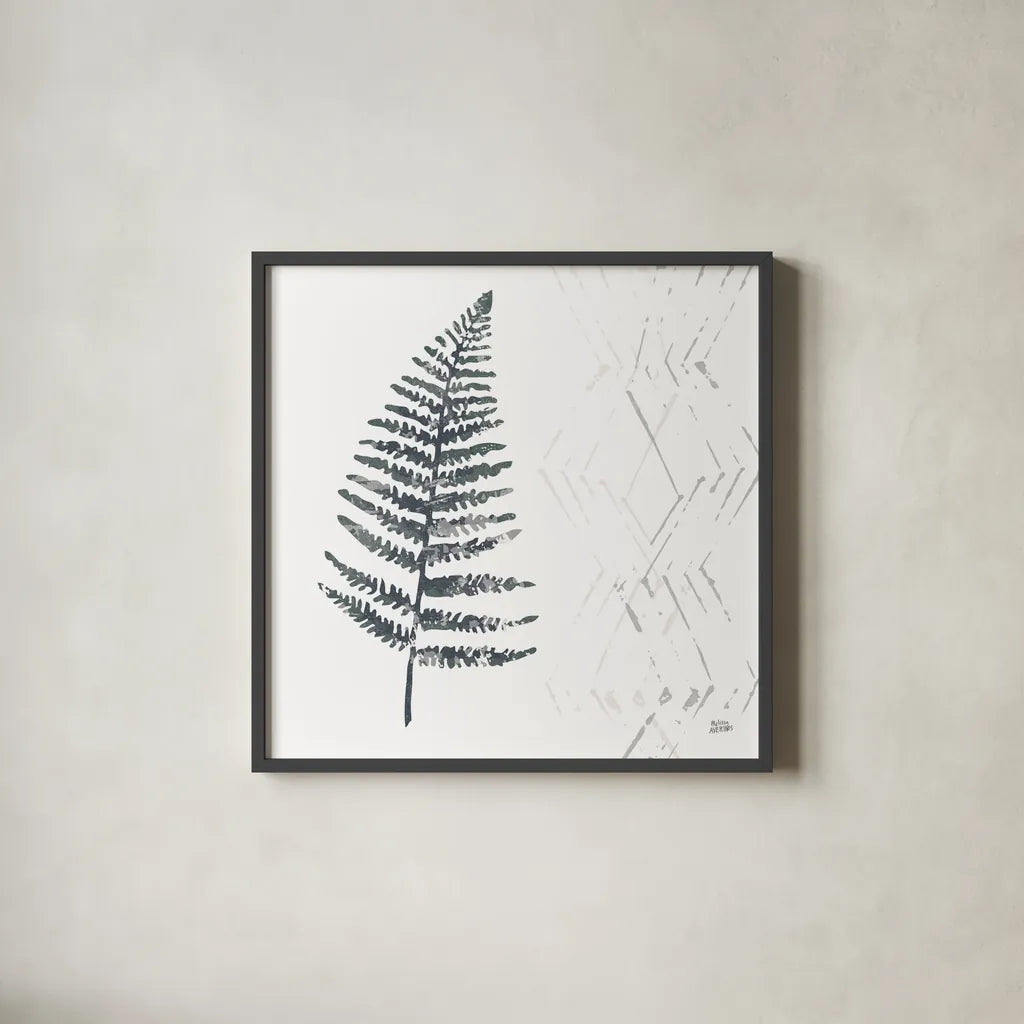 Nordic Fern I by Melissa Averinos. Shown in a sleek black glass frame for a contemporary gallery look. Available as an archival giclee rolled canvas, fine art paper, or poster print. SKU 57294a.